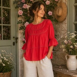 Merlette Sol Pima Cotton Peasant Top Sz XS Tiered Puff Sleeve Boho Cottage